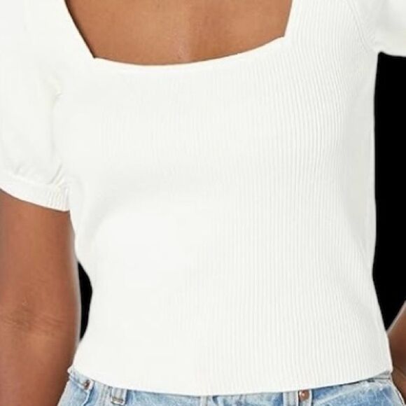 NWT square neck white ribbed crop top puff sleeves by French Connection size S. - Picture 2 of 10